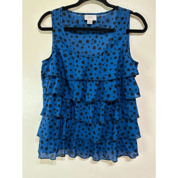 LOFT by Ann Taylor Tops - LOFT by Ann Taylor Women's Polka Dot Blouse With Ruffles Petite SZ M Black/Blue